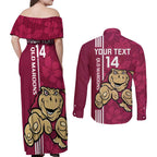 Custom QLD Maroons Rugby Couples Matching Off Shoulder Maxi Dress and Long Sleeve Button Shirt Cane Toads Polynesian Pattern Tropical Vibes