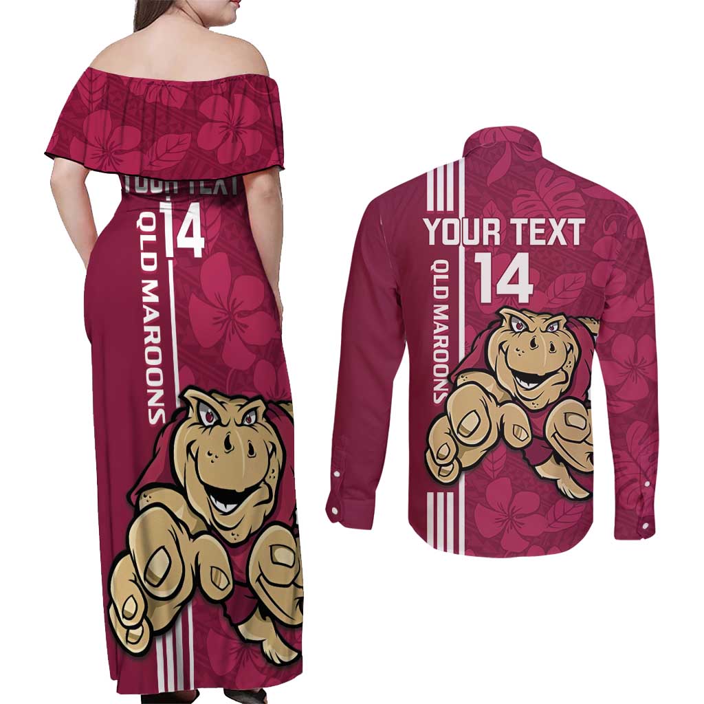 Custom QLD Maroons Rugby Couples Matching Off Shoulder Maxi Dress and Long Sleeve Button Shirt Cane Toads Polynesian Pattern Tropical Vibes