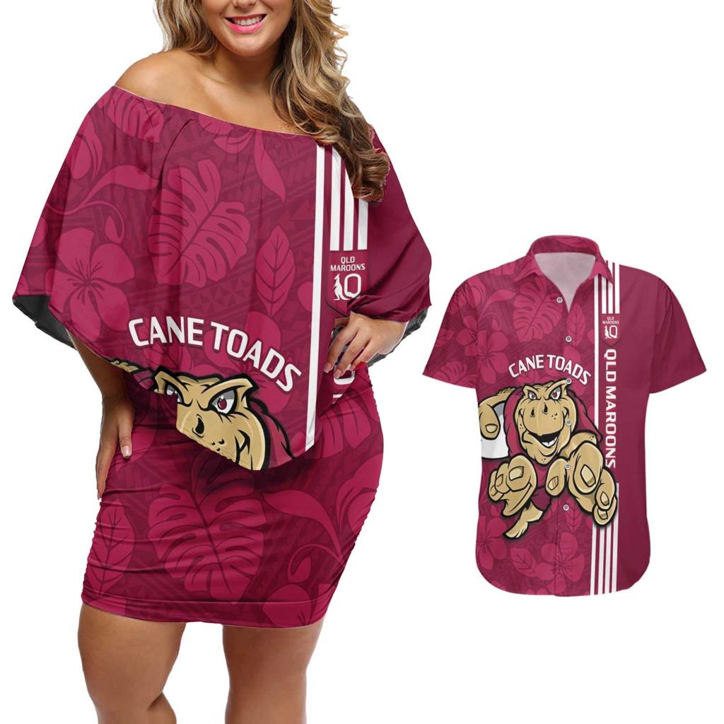 Custom QLD Maroons Rugby Couples Matching Off Shoulder Short Dress and Hawaiian Shirt Cane Toads Polynesian Pattern Tropical Vibes