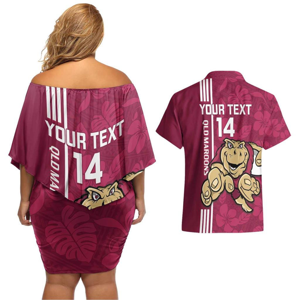 Custom QLD Maroons Rugby Couples Matching Off Shoulder Short Dress and Hawaiian Shirt Cane Toads Polynesian Pattern Tropical Vibes