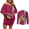 Custom QLD Maroons Rugby Couples Matching Off Shoulder Short Dress and Long Sleeve Button Shirt Cane Toads Polynesian Pattern Tropical Vibes