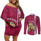Custom QLD Maroons Rugby Couples Matching Off Shoulder Short Dress and Long Sleeve Button Shirt Cane Toads Polynesian Pattern Tropical Vibes