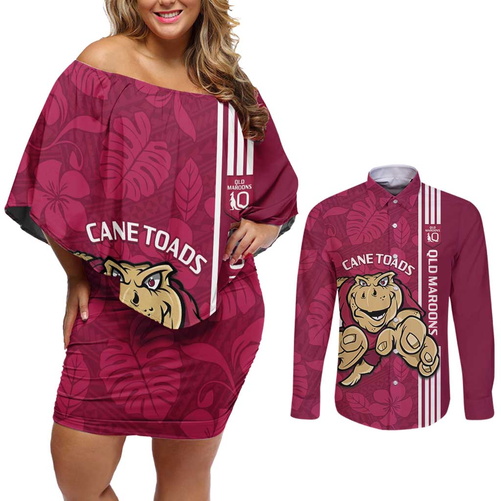 Custom QLD Maroons Rugby Couples Matching Off Shoulder Short Dress and Long Sleeve Button Shirt Cane Toads Polynesian Pattern Tropical Vibes