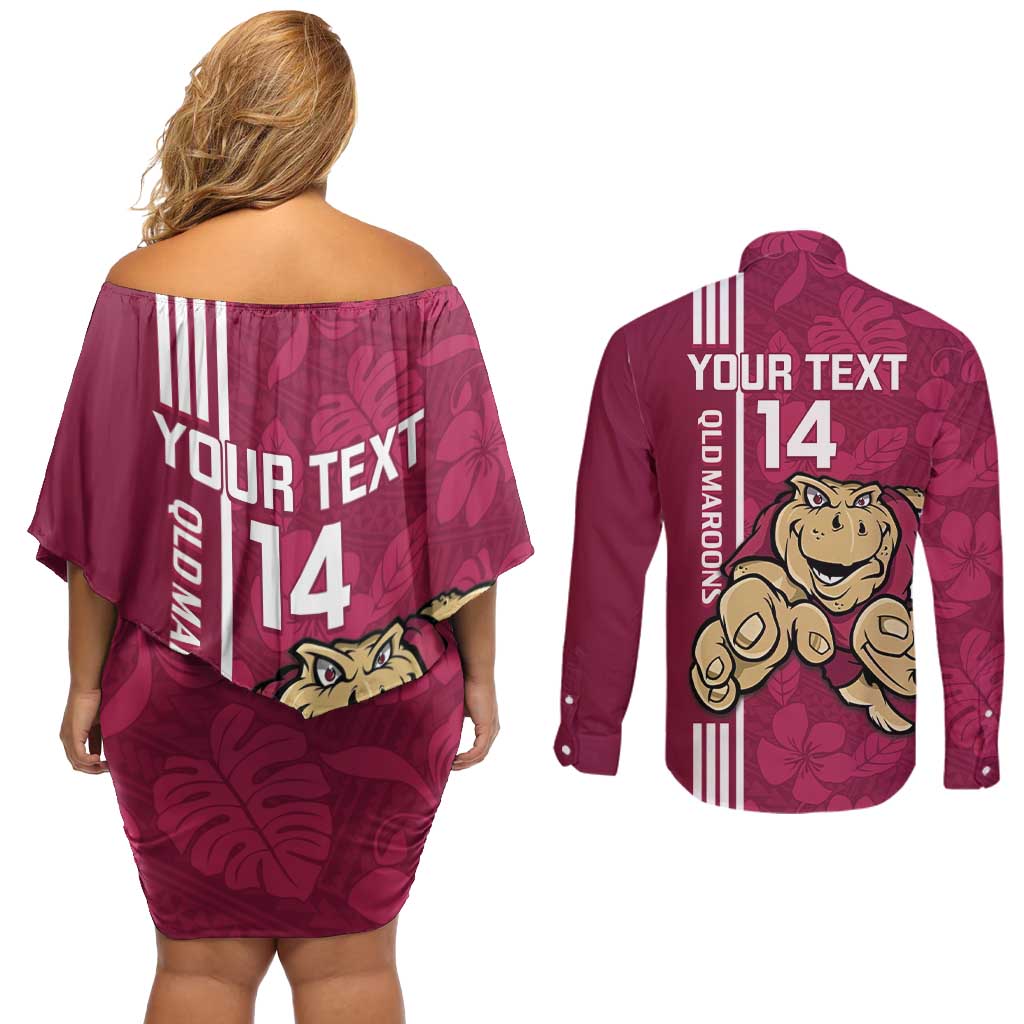 Custom QLD Maroons Rugby Couples Matching Off Shoulder Short Dress and Long Sleeve Button Shirt Cane Toads Polynesian Pattern Tropical Vibes