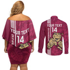 Custom QLD Maroons Rugby Couples Matching Off Shoulder Short Dress and Long Sleeve Button Shirt Cane Toads Polynesian Pattern Tropical Vibes