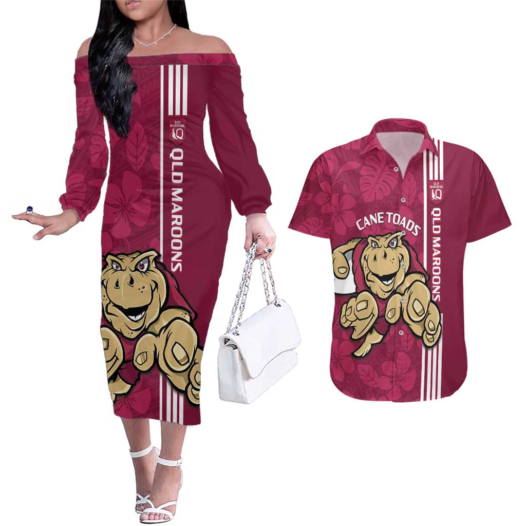 Custom QLD Maroons Rugby Couples Matching Off The Shoulder Long Sleeve Dress and Hawaiian Shirt Cane Toads Polynesian Pattern Tropical Vibes