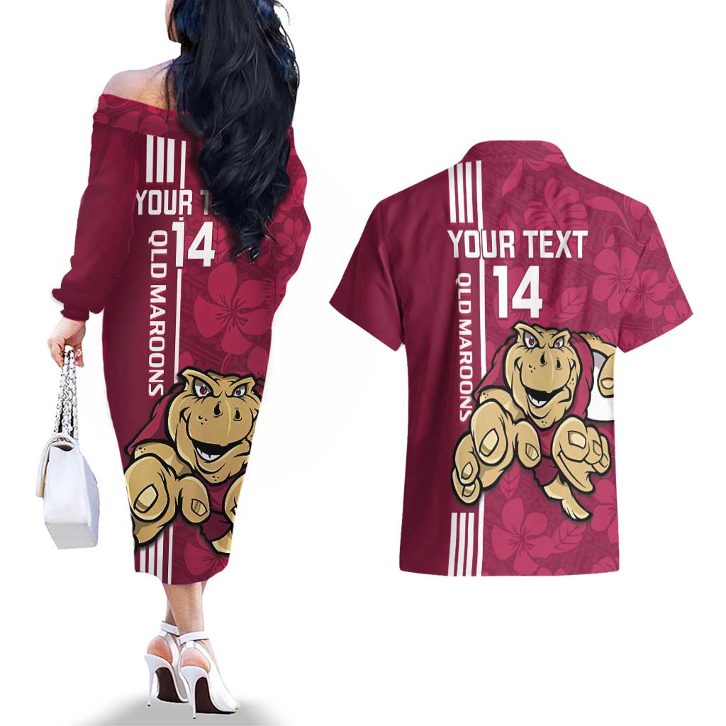 Custom QLD Maroons Rugby Couples Matching Off The Shoulder Long Sleeve Dress and Hawaiian Shirt Cane Toads Polynesian Pattern Tropical Vibes