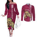 Custom QLD Maroons Rugby Couples Matching Off The Shoulder Long Sleeve Dress and Long Sleeve Button Shirt Cane Toads Polynesian Pattern Tropical Vibes