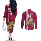 Custom QLD Maroons Rugby Couples Matching Off The Shoulder Long Sleeve Dress and Long Sleeve Button Shirt Cane Toads Polynesian Pattern Tropical Vibes