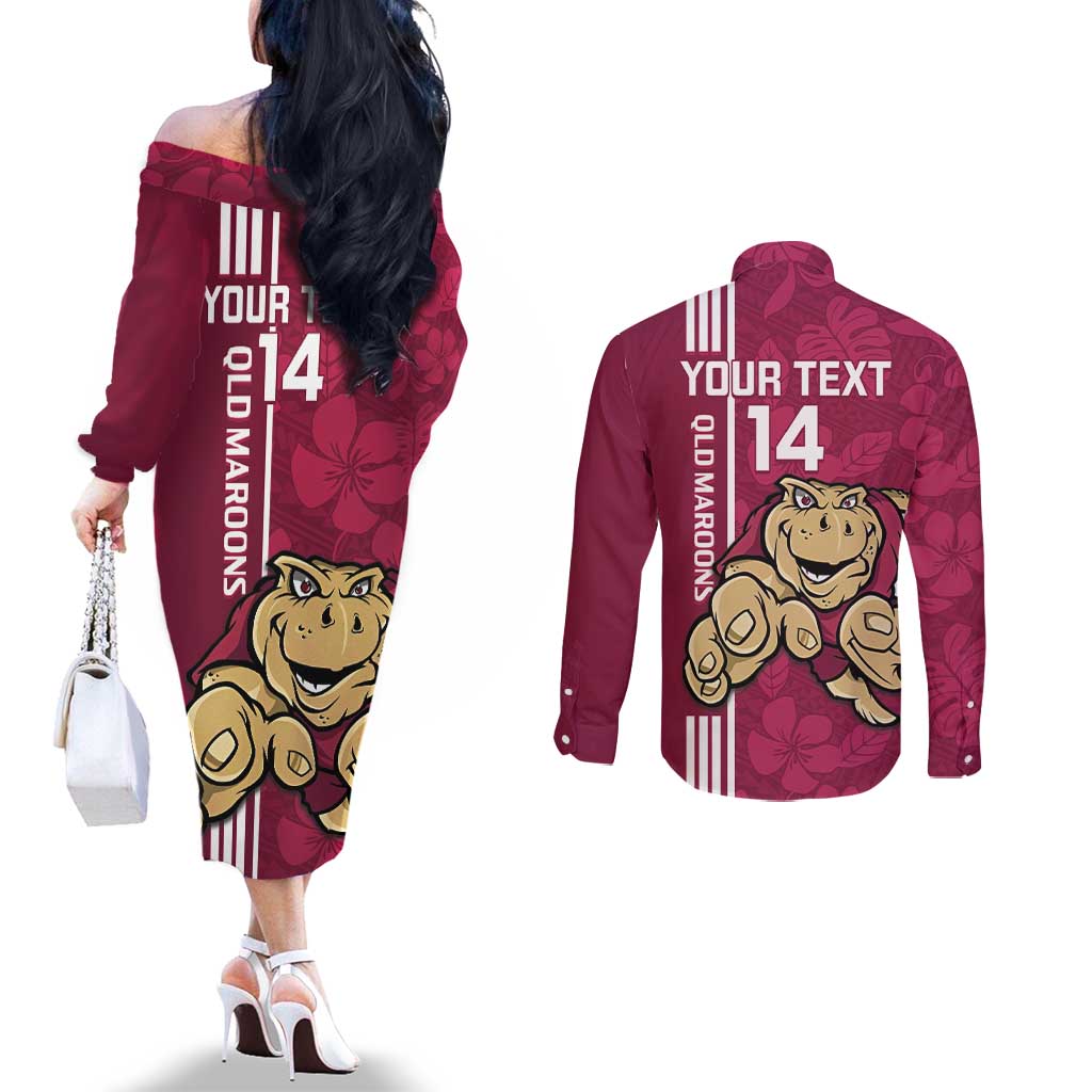 Custom QLD Maroons Rugby Couples Matching Off The Shoulder Long Sleeve Dress and Long Sleeve Button Shirt Cane Toads Polynesian Pattern Tropical Vibes