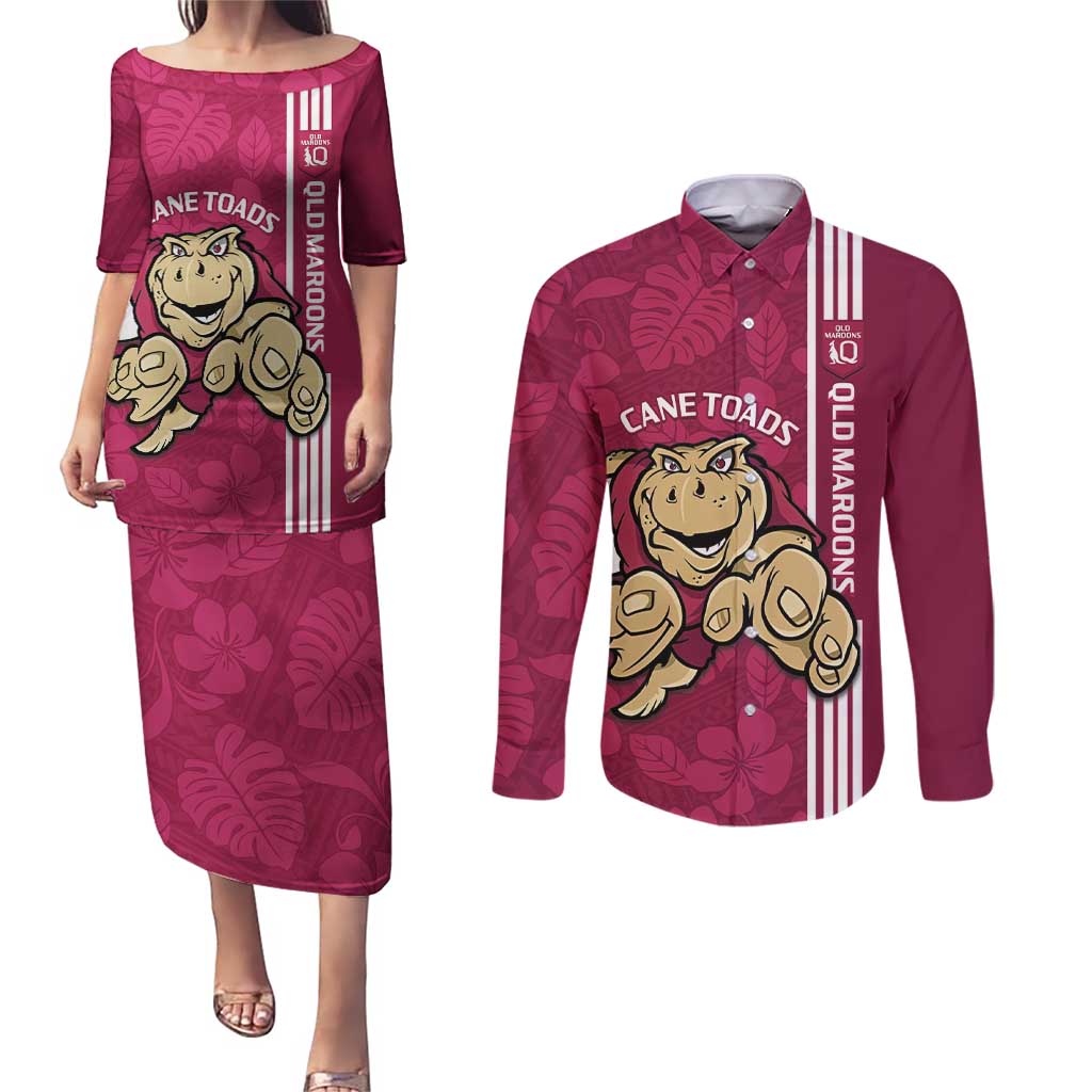 Custom QLD Maroons Rugby Couples Matching Puletasi and Long Sleeve Button Shirt Cane Toads Polynesian Pattern Tropical Vibes