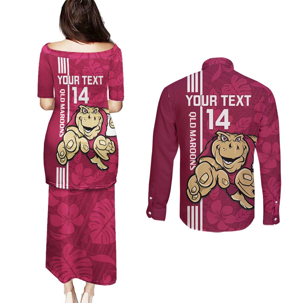Custom QLD Maroons Rugby Couples Matching Puletasi and Long Sleeve Button Shirt Cane Toads Polynesian Pattern Tropical Vibes
