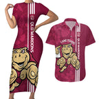 Custom QLD Maroons Rugby Couples Matching Short Sleeve Bodycon Dress and Hawaiian Shirt Cane Toads Polynesian Pattern Tropical Vibes