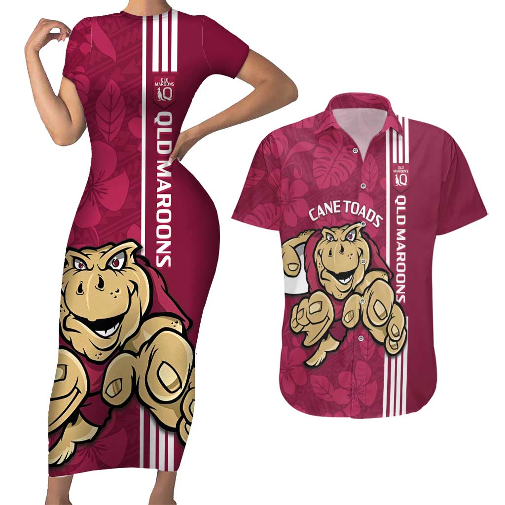 Custom QLD Maroons Rugby Couples Matching Short Sleeve Bodycon Dress and Hawaiian Shirt Cane Toads Polynesian Pattern Tropical Vibes