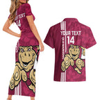 Custom QLD Maroons Rugby Couples Matching Short Sleeve Bodycon Dress and Hawaiian Shirt Cane Toads Polynesian Pattern Tropical Vibes