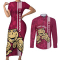 Custom QLD Maroons Rugby Couples Matching Short Sleeve Bodycon Dress and Long Sleeve Button Shirt Cane Toads Polynesian Pattern Tropical Vibes