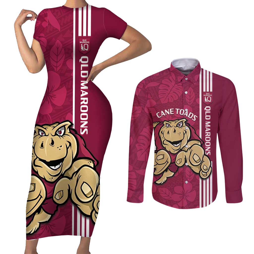Custom QLD Maroons Rugby Couples Matching Short Sleeve Bodycon Dress and Long Sleeve Button Shirt Cane Toads Polynesian Pattern Tropical Vibes