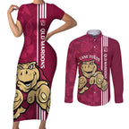 Custom QLD Maroons Rugby Couples Matching Short Sleeve Bodycon Dress and Long Sleeve Button Shirt Cane Toads Polynesian Pattern Tropical Vibes