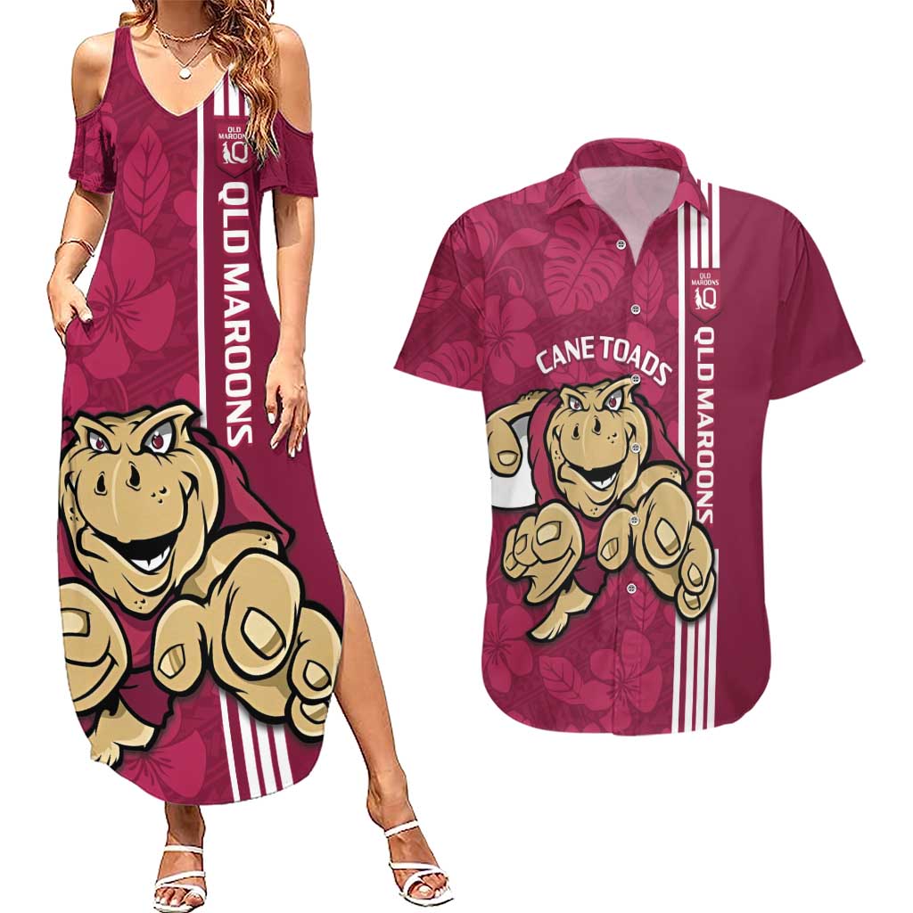Custom QLD Maroons Rugby Couples Matching Summer Maxi Dress and Hawaiian Shirt Cane Toads Polynesian Pattern Tropical Vibes