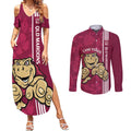 Custom QLD Maroons Rugby Couples Matching Summer Maxi Dress and Long Sleeve Button Shirt Cane Toads Polynesian Pattern Tropical Vibes
