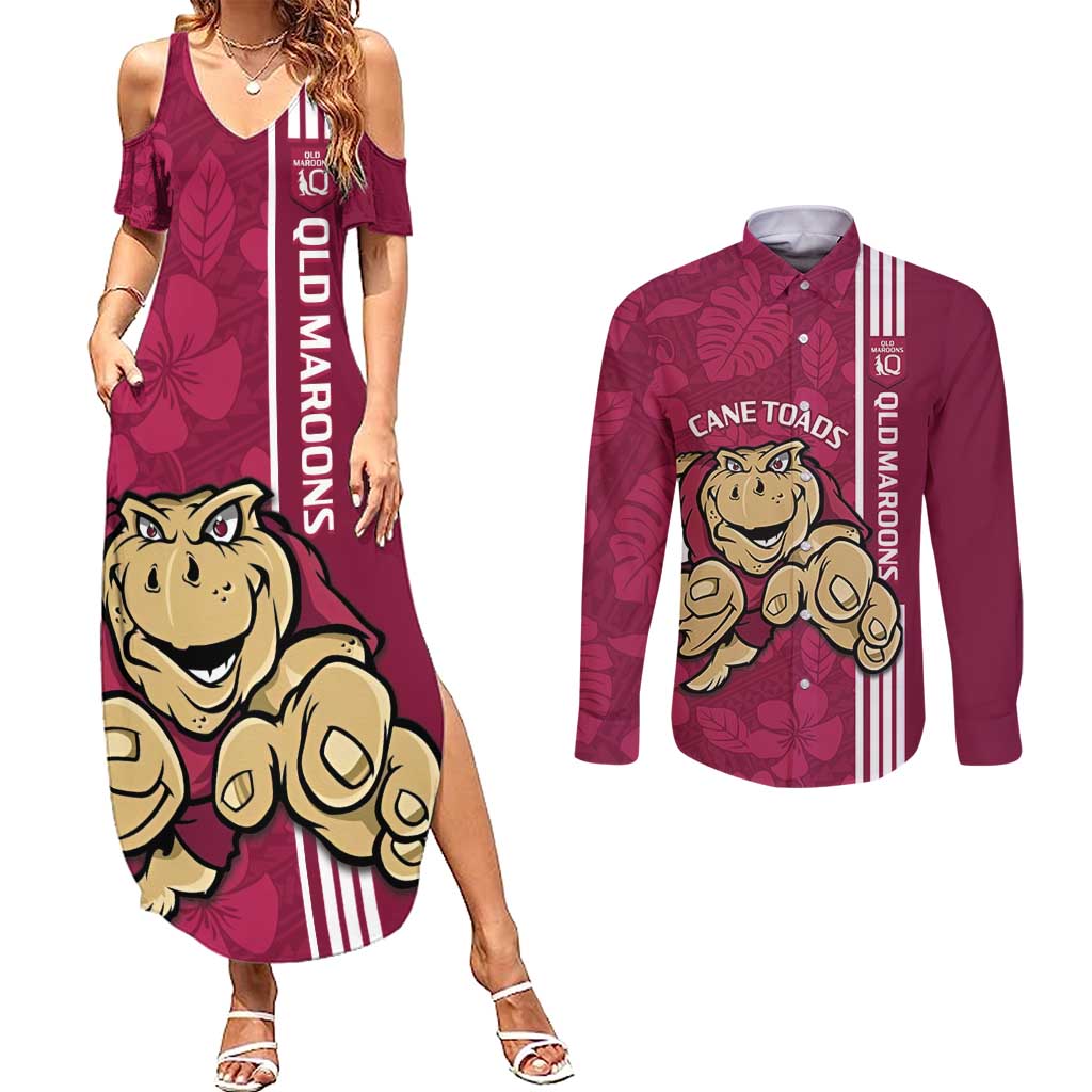 Custom QLD Maroons Rugby Couples Matching Summer Maxi Dress and Long Sleeve Button Shirt Cane Toads Polynesian Pattern Tropical Vibes