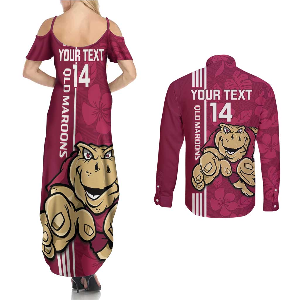 Custom QLD Maroons Rugby Couples Matching Summer Maxi Dress and Long Sleeve Button Shirt Cane Toads Polynesian Pattern Tropical Vibes