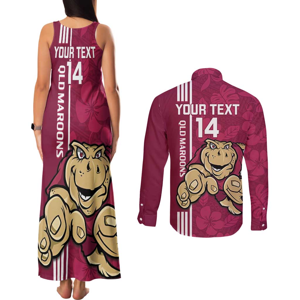 Custom QLD Maroons Rugby Couples Matching Tank Maxi Dress and Long Sleeve Button Shirt Cane Toads Polynesian Pattern Tropical Vibes