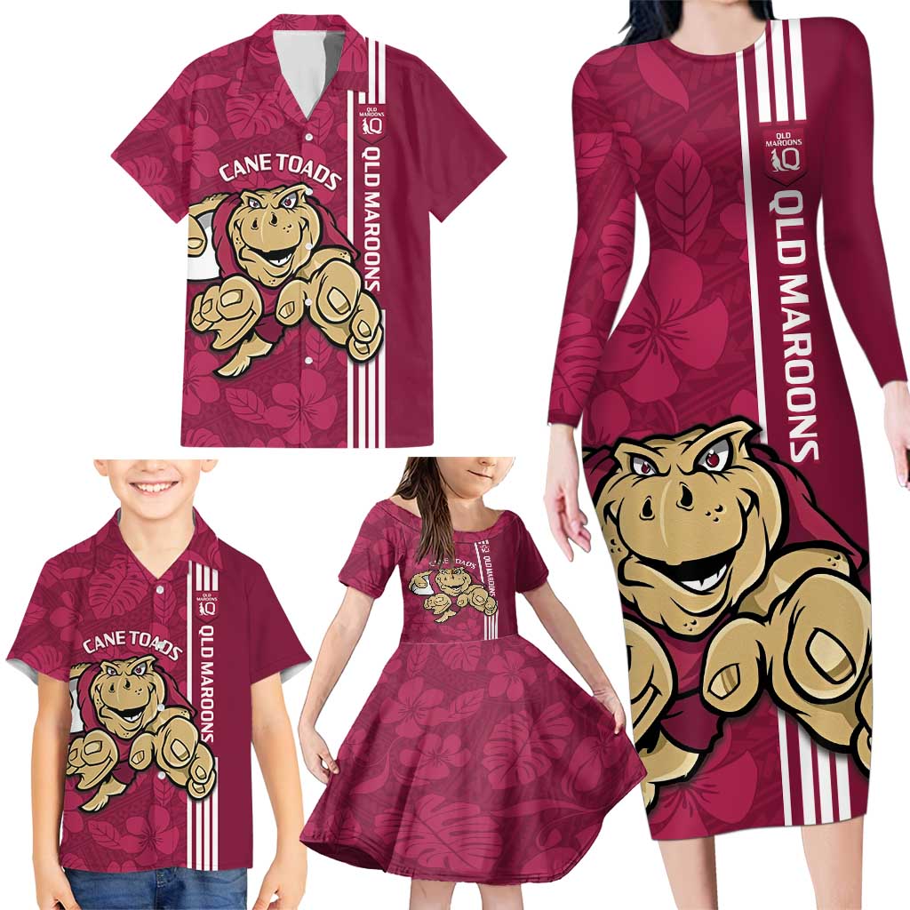 Custom QLD Maroons Rugby Family Matching Long Sleeve Bodycon Dress and Hawaiian Shirt Cane Toads Polynesian Pattern Tropical Vibes
