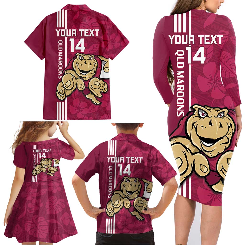 Custom QLD Maroons Rugby Family Matching Long Sleeve Bodycon Dress and Hawaiian Shirt Cane Toads Polynesian Pattern Tropical Vibes