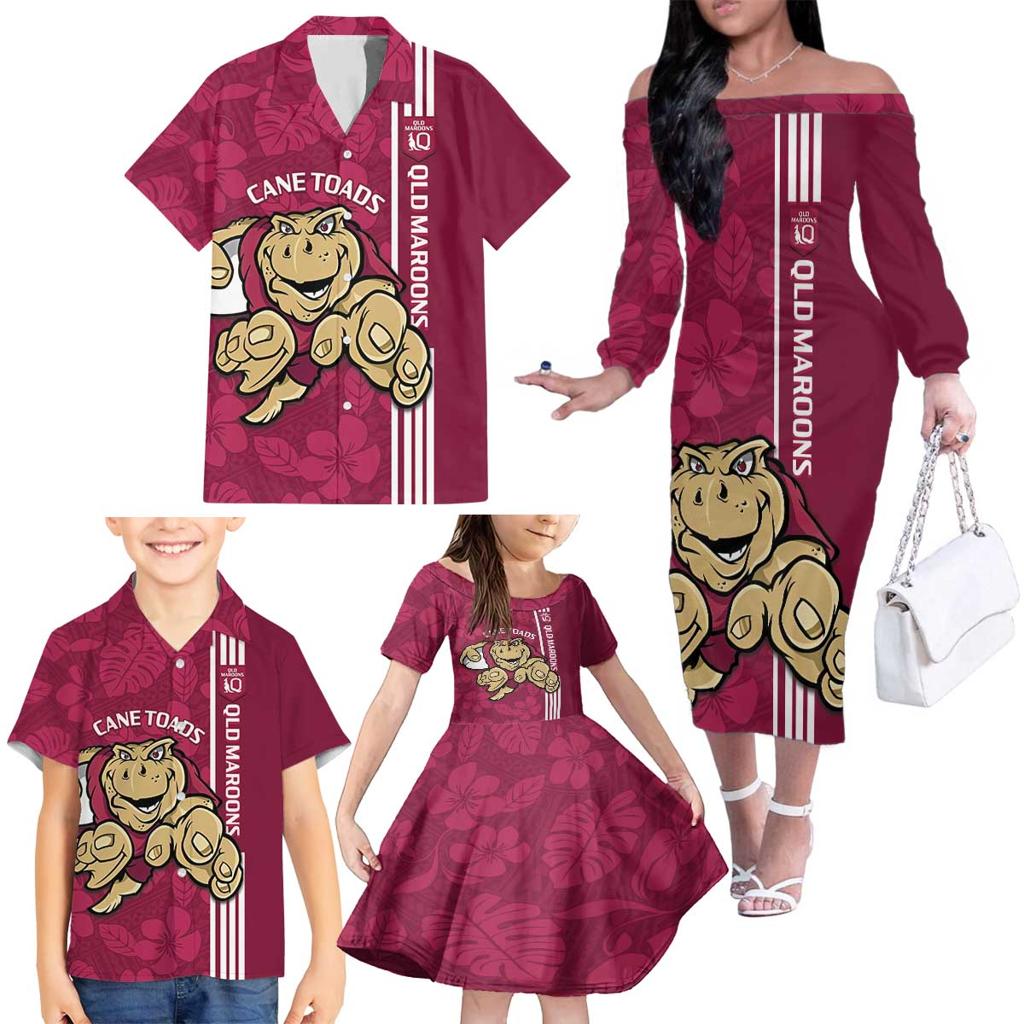 Custom QLD Maroons Rugby Family Matching Off The Shoulder Long Sleeve Dress and Hawaiian Shirt Cane Toads Polynesian Pattern Tropical Vibes