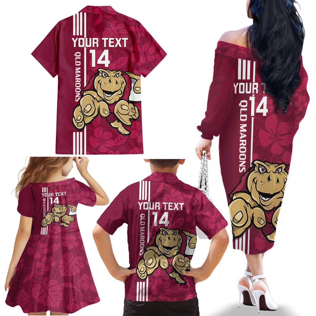 Custom QLD Maroons Rugby Family Matching Off The Shoulder Long Sleeve Dress and Hawaiian Shirt Cane Toads Polynesian Pattern Tropical Vibes