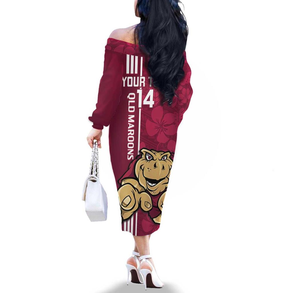 Custom QLD Maroons Rugby Family Matching Off The Shoulder Long Sleeve Dress and Hawaiian Shirt Cane Toads Polynesian Pattern Tropical Vibes