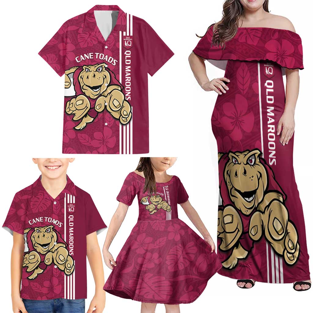 Custom QLD Maroons Rugby Family Matching Off Shoulder Maxi Dress and Hawaiian Shirt Cane Toads Polynesian Pattern Tropical Vibes