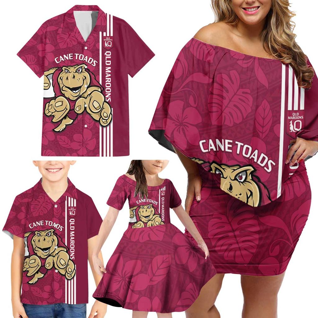 Custom QLD Maroons Rugby Family Matching Off Shoulder Short Dress and Hawaiian Shirt Cane Toads Polynesian Pattern Tropical Vibes