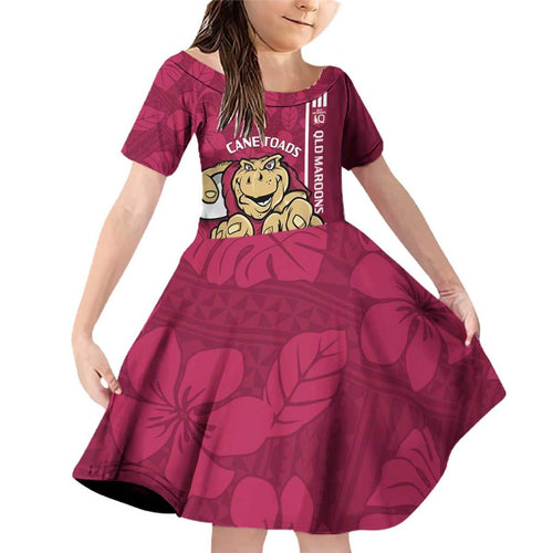 Custom QLD Maroons Rugby Family Matching Off Shoulder Short Dress and Hawaiian Shirt Cane Toads Polynesian Pattern Tropical Vibes