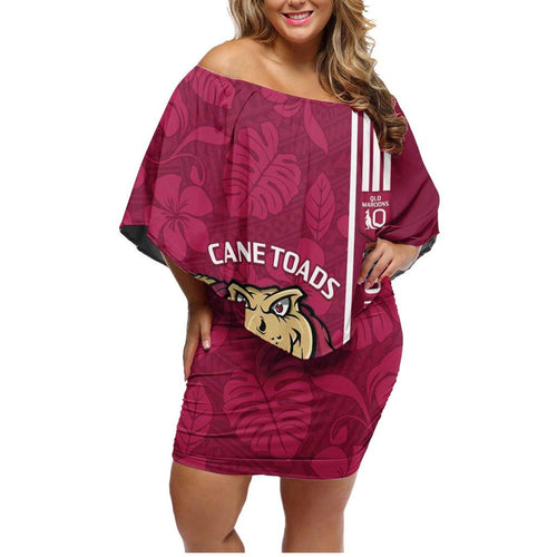 Custom QLD Maroons Rugby Family Matching Off Shoulder Short Dress and Hawaiian Shirt Cane Toads Polynesian Pattern Tropical Vibes