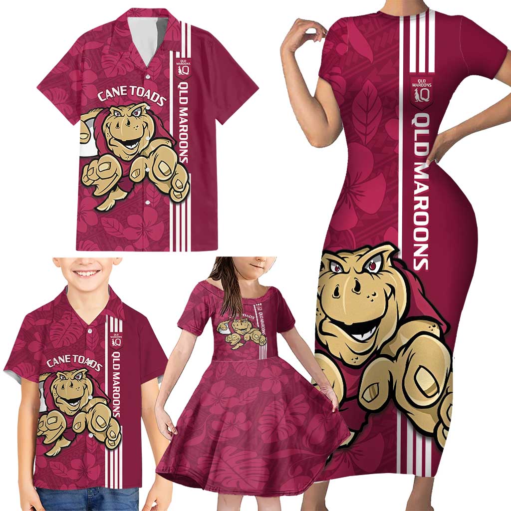 Custom QLD Maroons Rugby Family Matching Short Sleeve Bodycon Dress and Hawaiian Shirt Cane Toads Polynesian Pattern Tropical Vibes