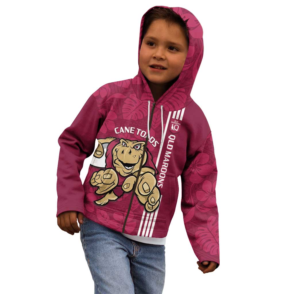 Custom QLD Maroons Rugby Kid Hoodie Cane Toads Polynesian Pattern Tropical Vibes