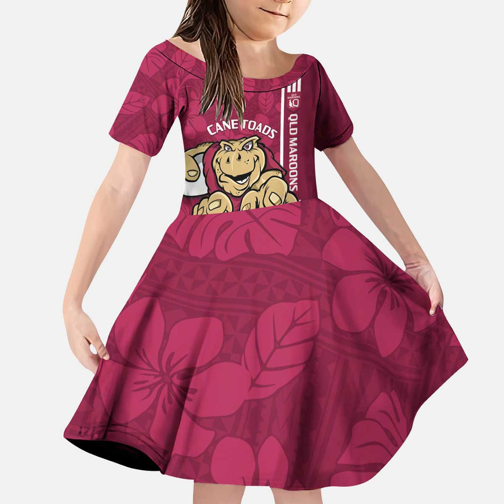 Custom QLD Maroons Rugby Kid Short Sleeve Dress Cane Toads Polynesian Pattern Tropical Vibes