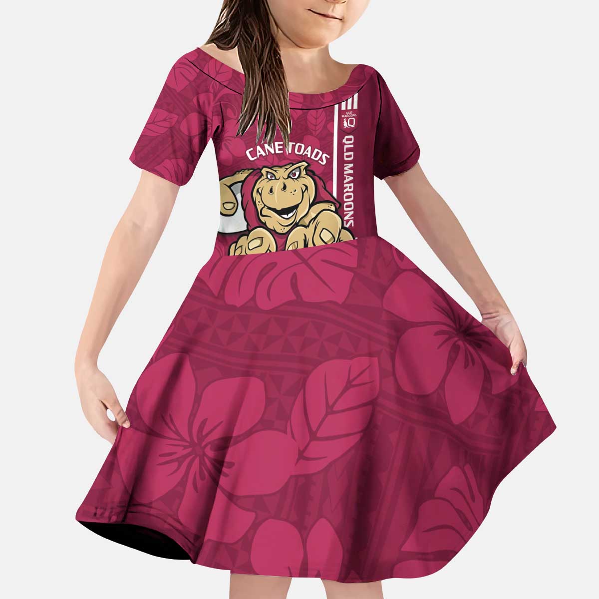 Custom QLD Maroons Rugby Kid Short Sleeve Dress Cane Toads Polynesian Pattern Tropical Vibes