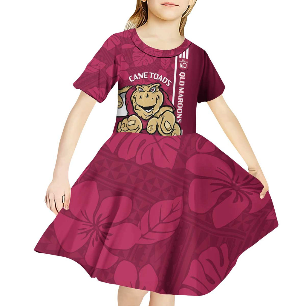 Custom QLD Maroons Rugby Kid Short Sleeve Dress Cane Toads Polynesian Pattern Tropical Vibes