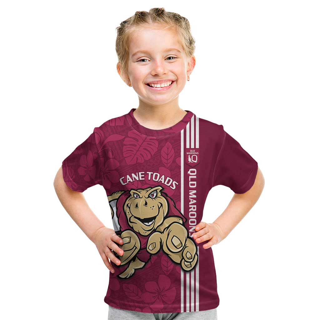 Custom QLD Maroons Rugby Kid T Shirt Cane Toads Polynesian Pattern Tropical Vibes