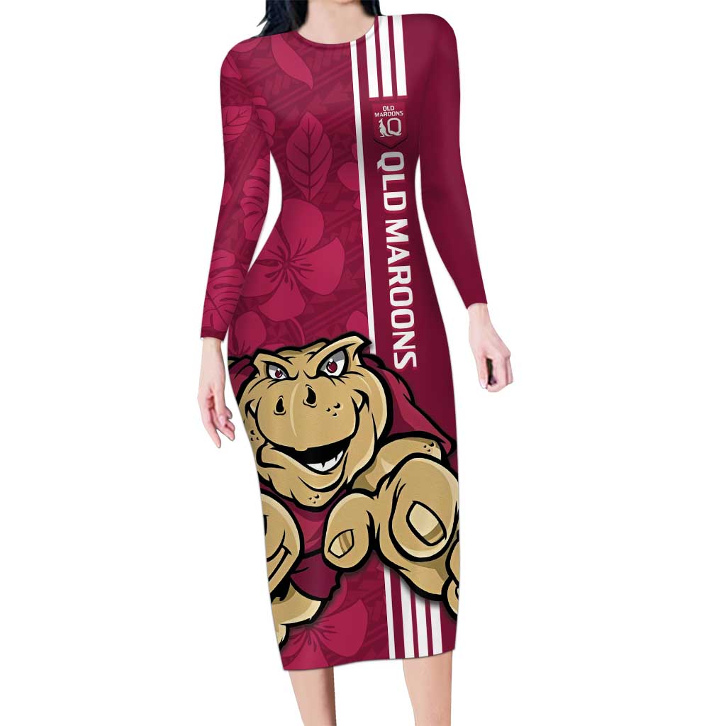 Custom QLD Maroons Rugby Long Sleeve Bodycon Dress Cane Toads Polynesian Pattern Tropical Vibes