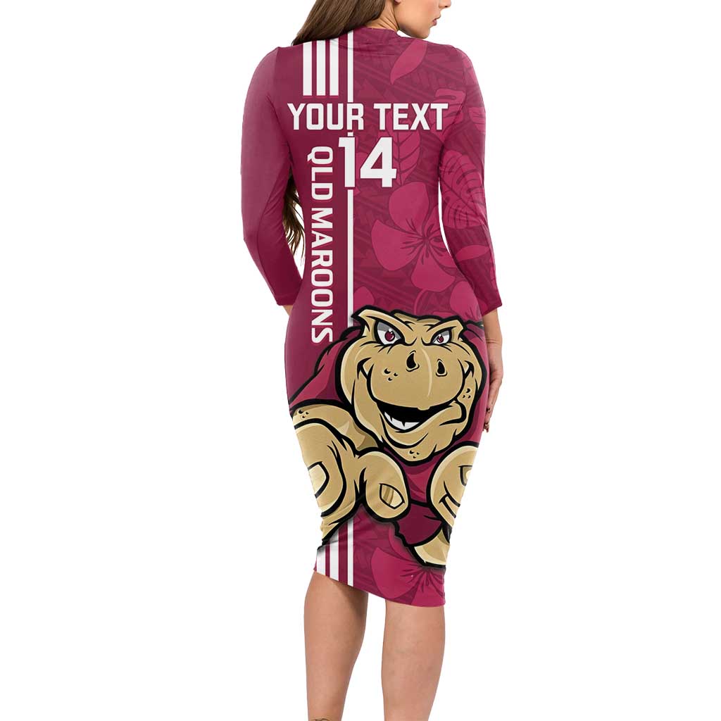 Custom QLD Maroons Rugby Long Sleeve Bodycon Dress Cane Toads Polynesian Pattern Tropical Vibes