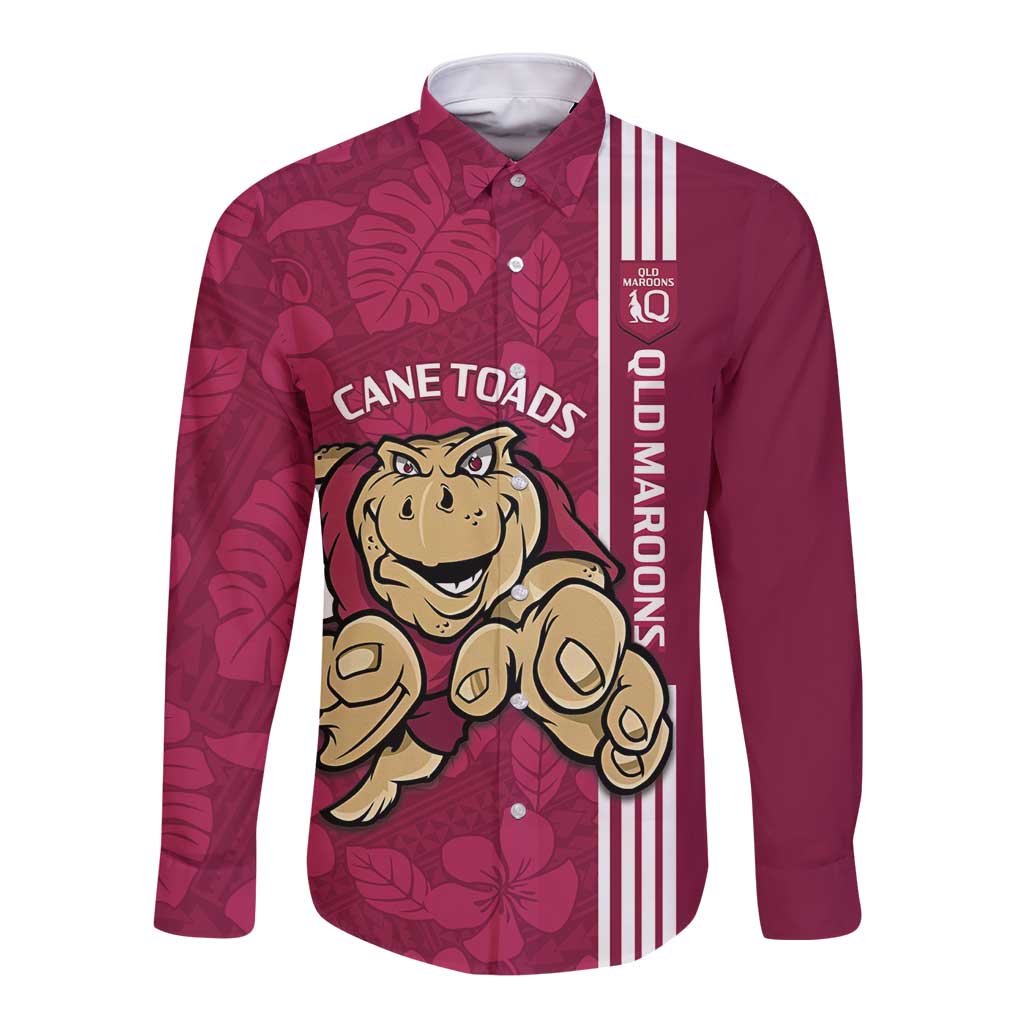 Custom QLD Maroons Rugby Long Sleeve Button Shirt Cane Toads Polynesian Pattern Tropical Vibes