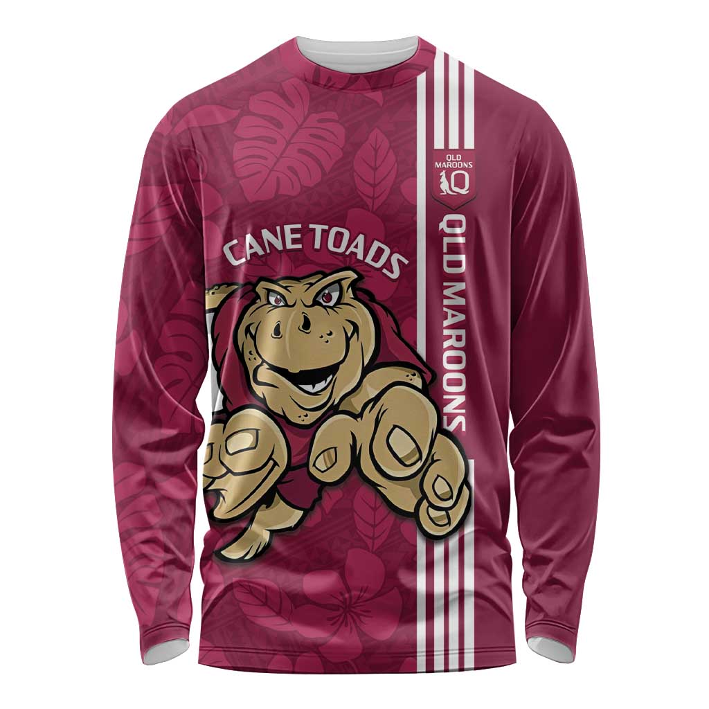 Custom QLD Maroons Rugby Long Sleeve Shirt Cane Toads Polynesian Pattern Tropical Vibes