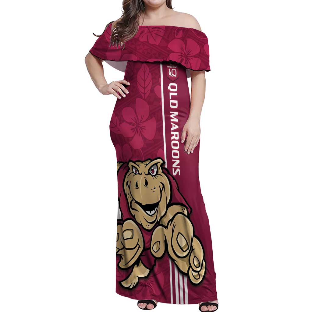 Custom QLD Maroons Rugby Off Shoulder Maxi Dress Cane Toads Polynesian Pattern Tropical Vibes