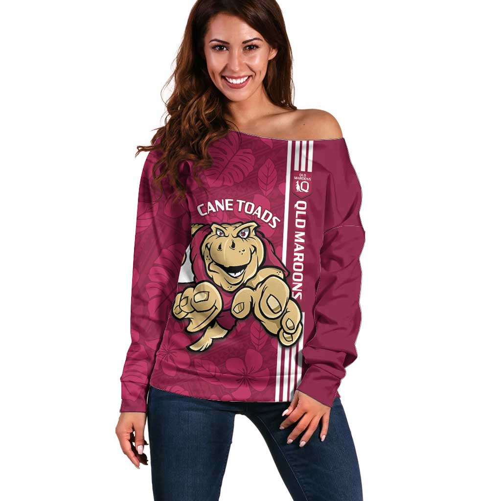Custom QLD Maroons Rugby Off Shoulder Sweater Cane Toads Polynesian Pattern Tropical Vibes