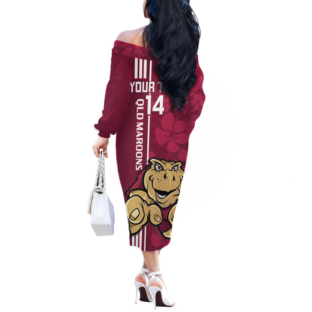 Custom QLD Maroons Rugby Off The Shoulder Long Sleeve Dress Cane Toads Polynesian Pattern Tropical Vibes