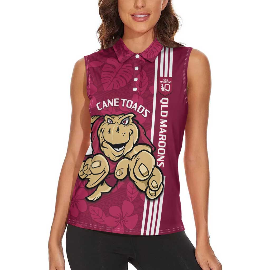 Custom QLD Maroons Rugby Women Sleeveless Polo Shirt Cane Toads Polynesian Pattern Tropical Vibes